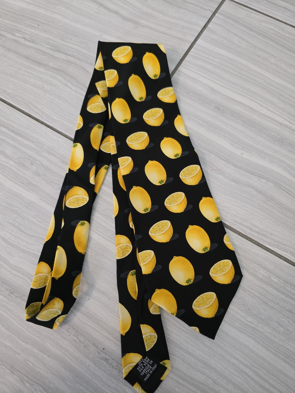 Boss Black Skinny Silk Scarf with Yellow Lemon Print